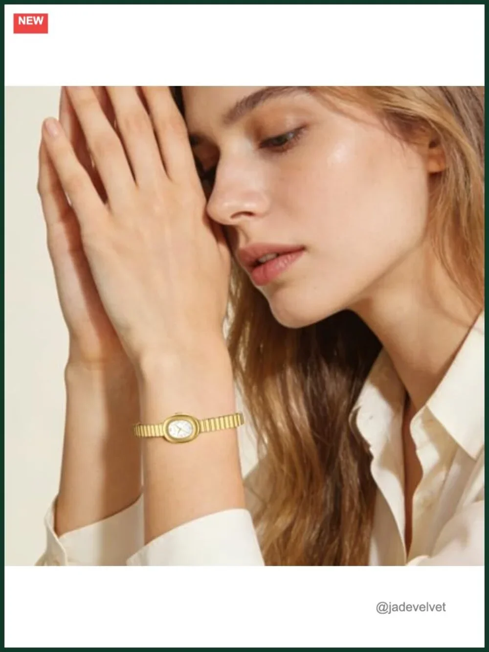 Gold Tone Oval Case Watch for Women with Stainless Steel Expansion Band